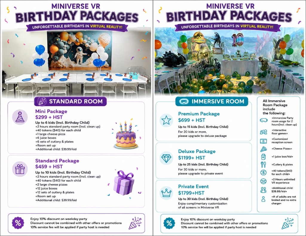 Miniverse VR Birthday Packages pricing