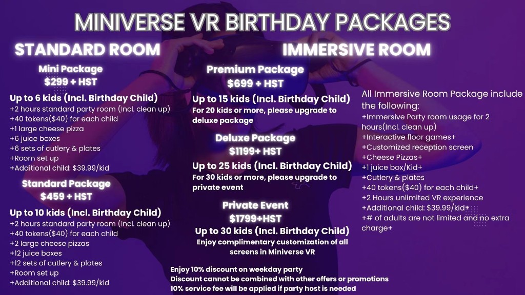 Miniverse VR Birthday Packages pricing